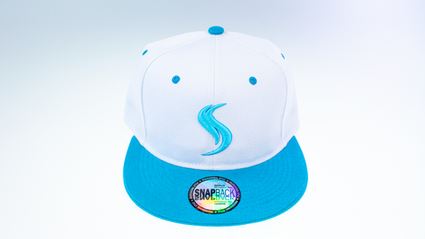 Shatterizer White Hat with Teal Blue Accents, Solid Teal Blue Bill