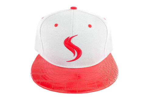 Shatterizer White Hat with Red Accents, Red Faux Crocodile Bill